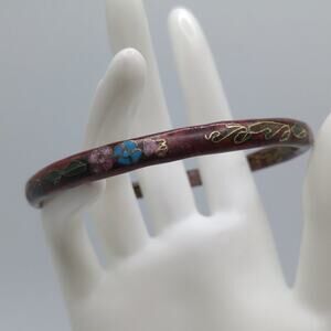 Cloisonne Dark Red Enamel Floral Vintage Large Bangle Bracelet, 8 3/4 Inches